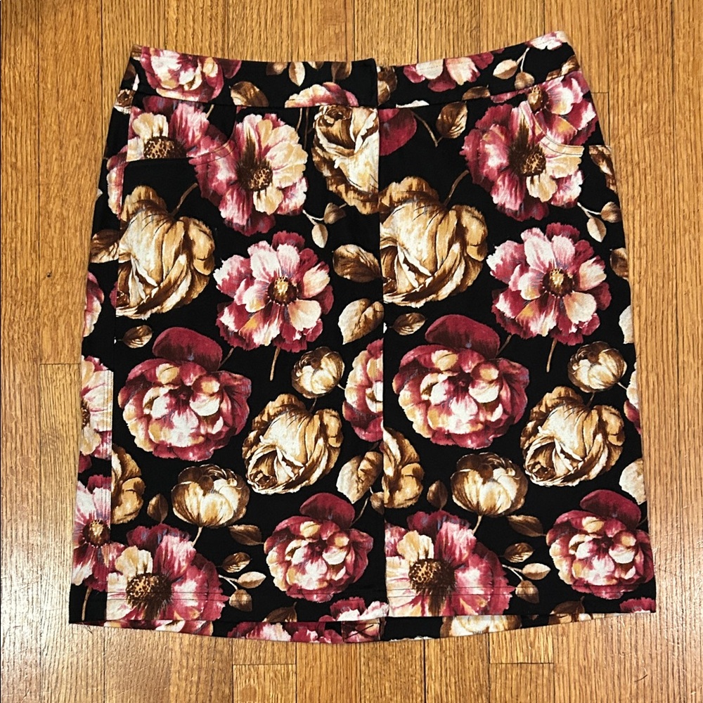 august silk Black Pencil Skirt with Pink & Gold Floral Print